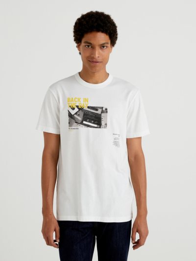 Men's Benetton 100% Cotton Print Short Sleeve T-shirts Creamy White | NZ125797