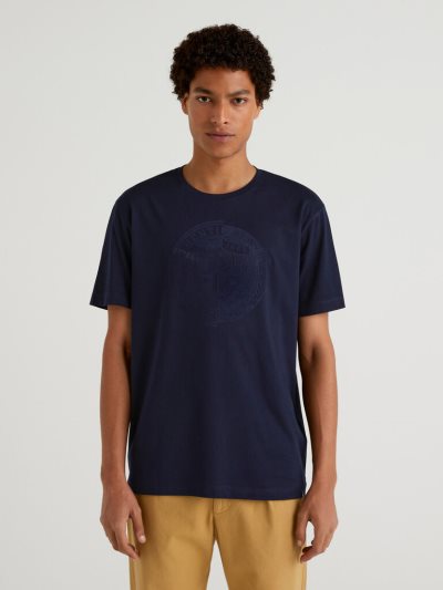 Men's Benetton 100% Cotton Print Short Sleeve T-shirts Dark Blue | NZ166158