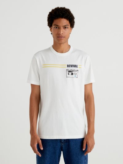 Men's Benetton 100% Cotton Print Short Sleeve T-shirts White | NZ611992