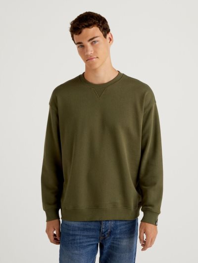 Men's Benetton 100% Cotton Pullover Sweatshirt Military Green | NZ014663