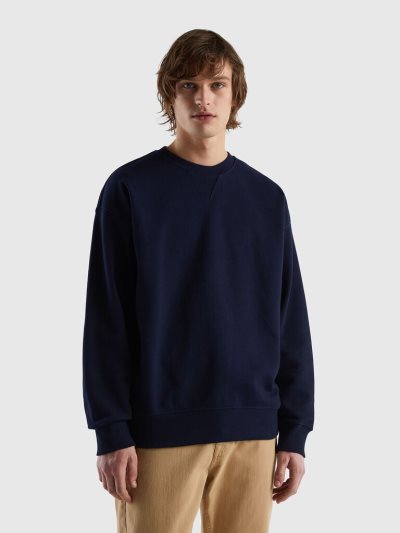 Men's Benetton 100% Cotton Pullover Sweatshirt Dark Blue | NZ301826