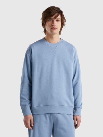 Men's Benetton 100% Cotton Pullover Sweatshirt Air Force Blue | NZ411292