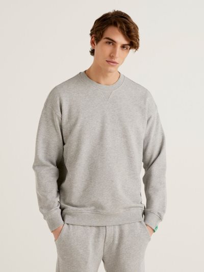 Men's Benetton 100% Cotton Pullover Sweatshirt Grey | NZ696856