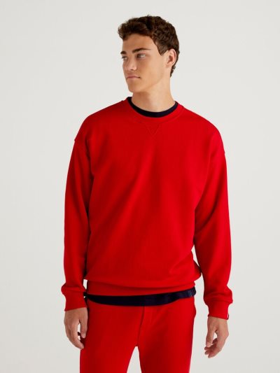 Men's Benetton 100% Cotton Pullover Sweatshirt Red | NZ764476