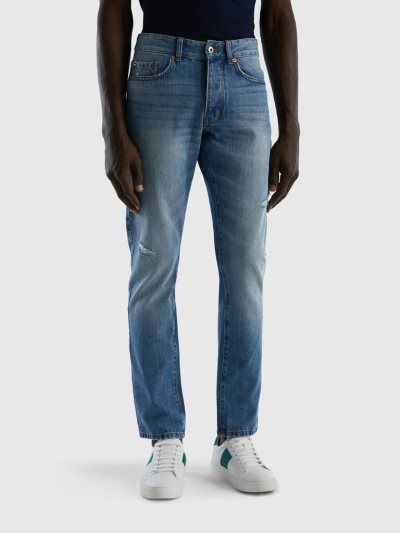 Men's Benetton 100% Cotton Tears Jeans Sky Blue | NZ796079