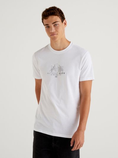 Men's Benetton 100% Long Fiber Cotton Short Sleeve T-shirts White | NZ786681