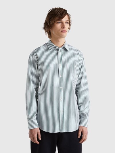 Men's Benetton 100% Organic Cotton Patterned Shirts Green | NZ764923