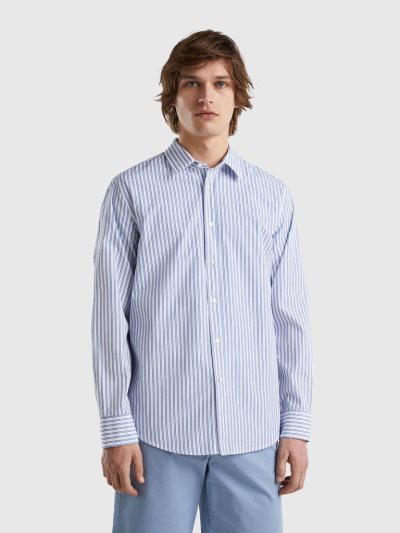 Men's Benetton 100% Organic Cotton Patterned Shirts Light Blue | NZ900949