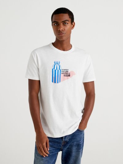 Men's Benetton Abstract Print Short Sleeve T-shirts White | NZ166735
