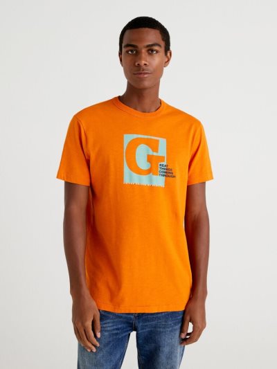 Men's Benetton Abstract Print Short Sleeve T-shirts Orange | NZ941261