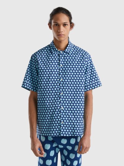 Men's Benetton Apple Pattern Shirts Blue | NZ322955