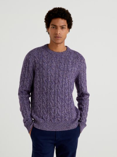 Men's Benetton Cable Knit Cashmere Blend Crew Neck Sweaters Violet | NZ364062