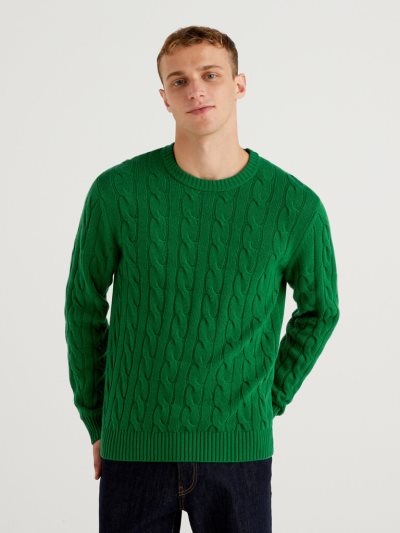 Men's Benetton Cable Knit Cashmere Blend Crew Neck Sweaters Green | NZ494311