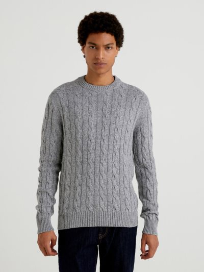 Men's Benetton Cable Knit Cashmere Blend Crew Neck Sweaters Grey | NZ517506