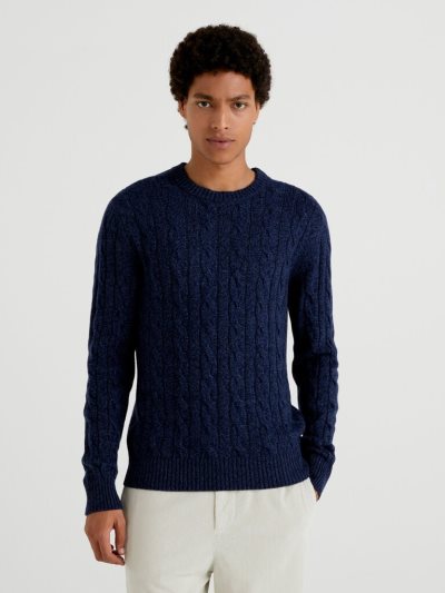 Men's Benetton Cable Knit Cashmere Blend Crew Neck Sweaters Dark Blue | NZ759868