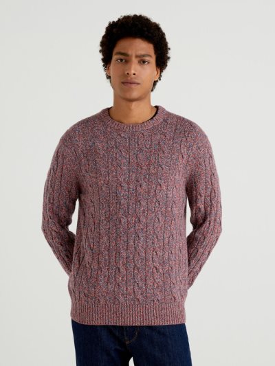 Men's Benetton Cable Knit Cashmere Blend Crew Neck Sweaters Multi-color | NZ975069