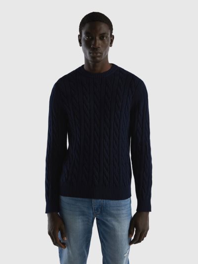 Men's Benetton Cable Knit Crew Neck Sweaters Dark Blue | NZ237224