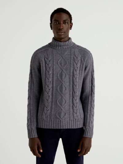 Men's Benetton Cable Motifs Turtleneck High Neck Sweaters Dark Grey | NZ969823