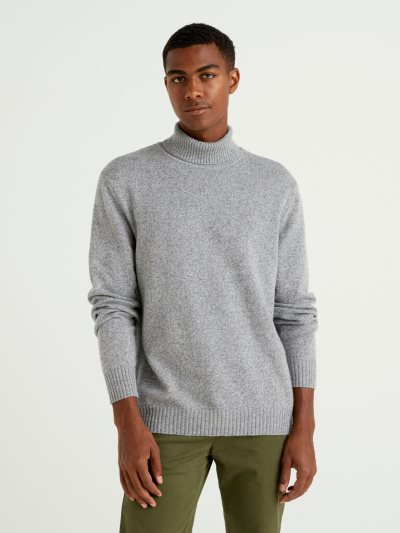 Men's Benetton Cashmere And Wool Blend Turtleneck High Neck Sweaters Light Grey | NZ001760