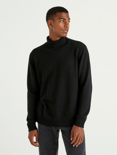 Men's Benetton Cashmere And Wool Blend Turtleneck High Neck Sweaters Black | NZ022095
