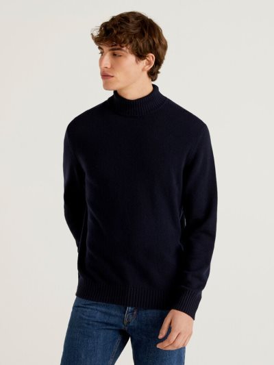 Men's Benetton Cashmere And Wool Blend Turtleneck High Neck Sweaters Dark Blue | NZ784061
