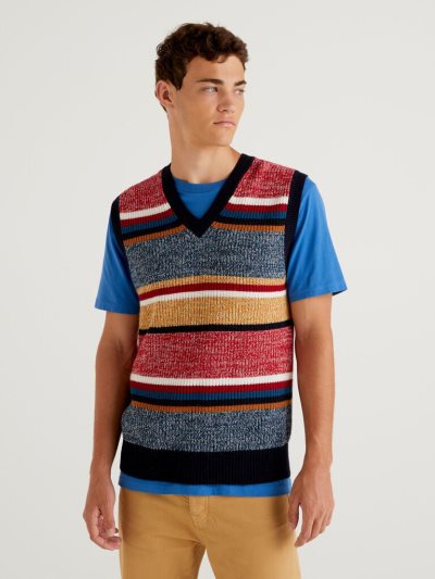 Men's Benetton Cashmere Blend Multicolored Stripes Vest Multi-color | NZ511780