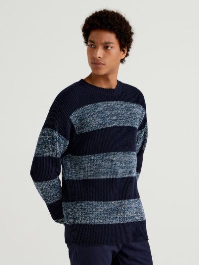 Men's Benetton Cashmere Blend Stripes Crew Neck Sweaters Blue | NZ362468