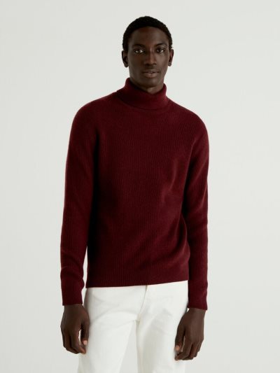 Men's Benetton Cashmere Blend Turtleneck High Neck Sweaters Burgundy | NZ071585