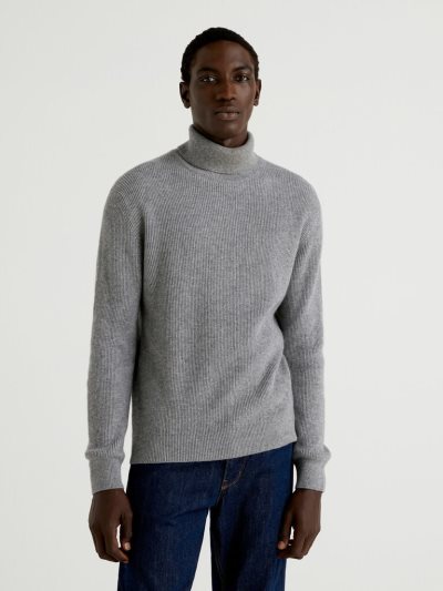 Men's Benetton Cashmere Blend Turtleneck High Neck Sweaters Dark Grey | NZ185139