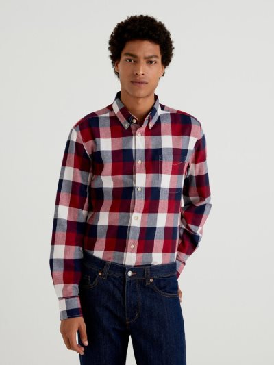 Men's Benetton Check Flannel Shirts Burgundy | NZ407861