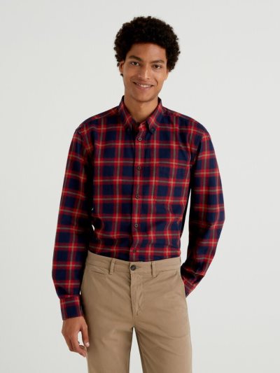 Men's Benetton Check Flannel Shirts Dark Blue | NZ949317