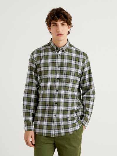 Men's Benetton Check Flannel Shirts Military Green | NZ304560
