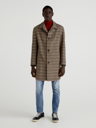 Men's Benetton Check Wool Blend Coats Dove Grey | NZ577825