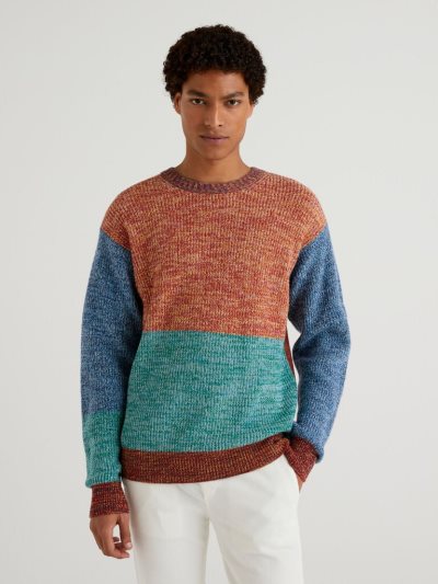 Men's Benetton Color Block Cashmere Blend Crew Neck Sweaters Multi-color | NZ083630