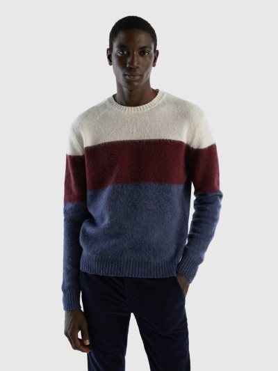 Men's Benetton Color Block Pure Shetland Wool Crew Neck Sweaters Multi-color | NZ465839