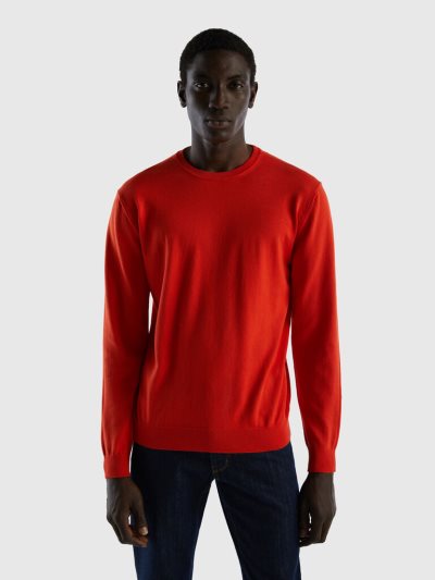 Men's Benetton Crew Neck 100% Cotton Sweaters Red | NZ061478