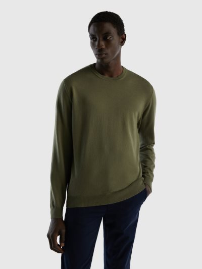 Men's Benetton Crew Neck 100% Cotton Sweaters Green | NZ127101