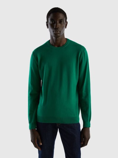 Men's Benetton Crew Neck 100% Cotton Sweaters Dark Green | NZ315821