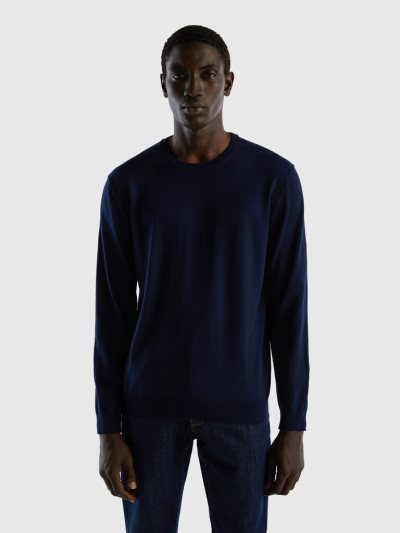 Men's Benetton Crew Neck 100% Cotton Sweaters Dark Blue | NZ360852