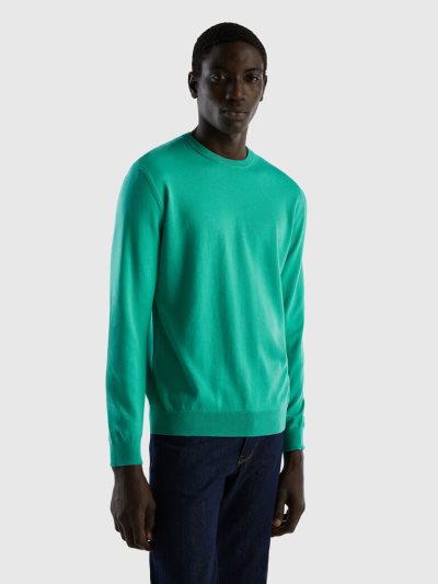 Men's Benetton Crew Neck 100% Cotton Sweaters Green | NZ385719