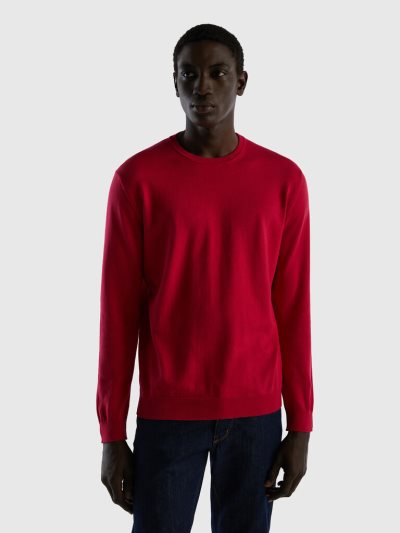 Men's Benetton Crew Neck 100% Cotton Sweaters Fuchsia | NZ721637