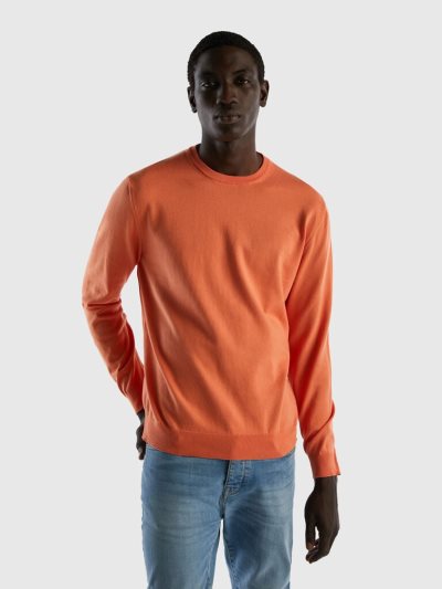 Men's Benetton Crew Neck 100% Cotton Sweaters Orange | NZ759714