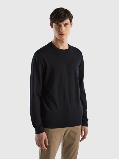 Men's Benetton Crew Neck 100% Cotton Sweaters Black | NZ801445