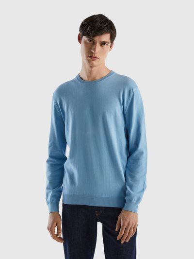 Men's Benetton Crew Neck 100% Cotton Sweaters Light Blue | NZ832868