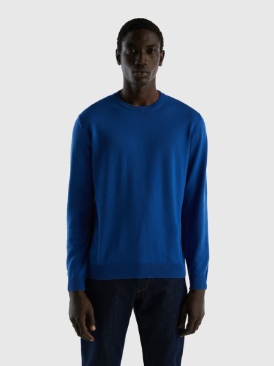 Men's Benetton Crew Neck 100% Cotton Sweaters Bright Blue | NZ988657