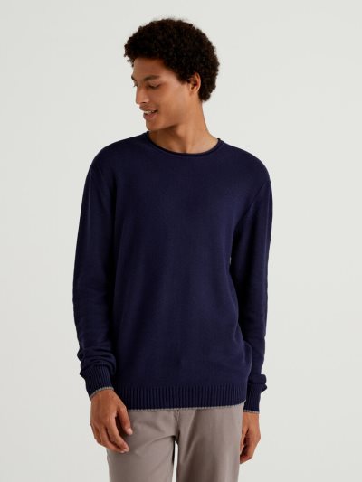 Men's Benetton Crew Neck Cotton Blend Sweaters Dark Blue | NZ015916
