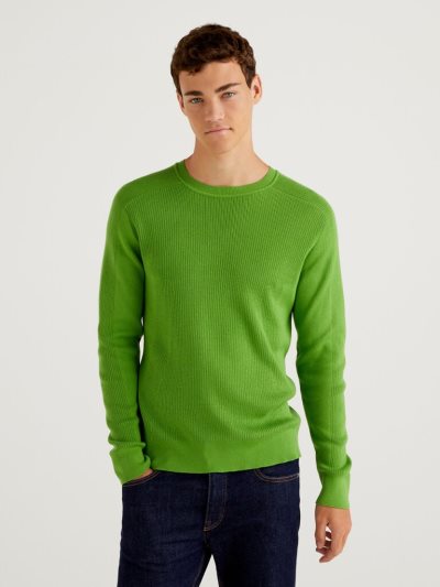 Men's Benetton Crew Neck Cotton Blend Sweaters Light Green | NZ106728