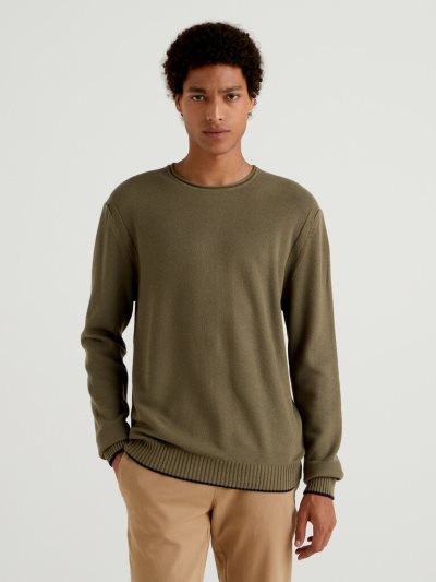 Men's Benetton Crew Neck Cotton Blend Sweaters Military Green | NZ582850