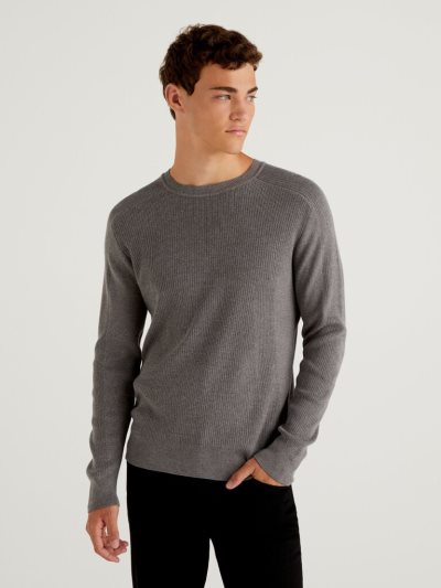 Men's Benetton Crew Neck Cotton Blend Sweaters White | NZ642759