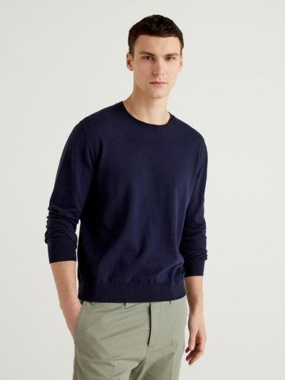 Men's Benetton Crew Neck Lightweight Cotton Blend Sweaters Dark Blue | NZ047689